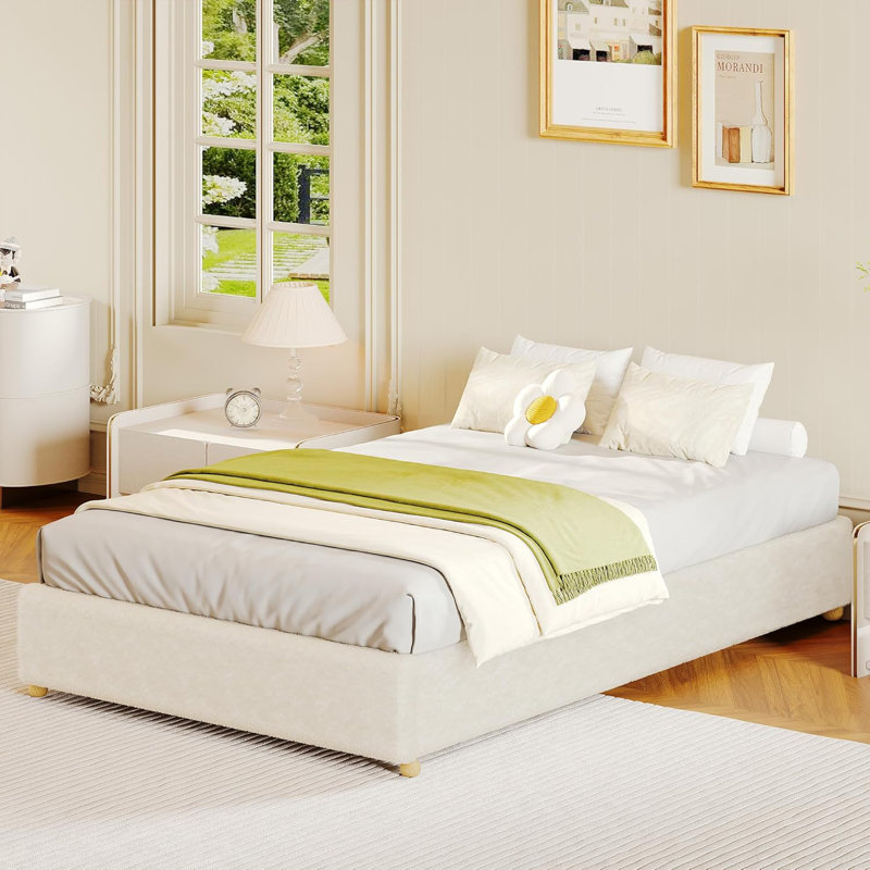 Base de lit simple à nuage, base de lit basse sans tête de lit, lit plateforme tapissier bas en velours côtelé avec pieds en bois massif, aucun sommier requis, assemblage silencieux et facile, beige