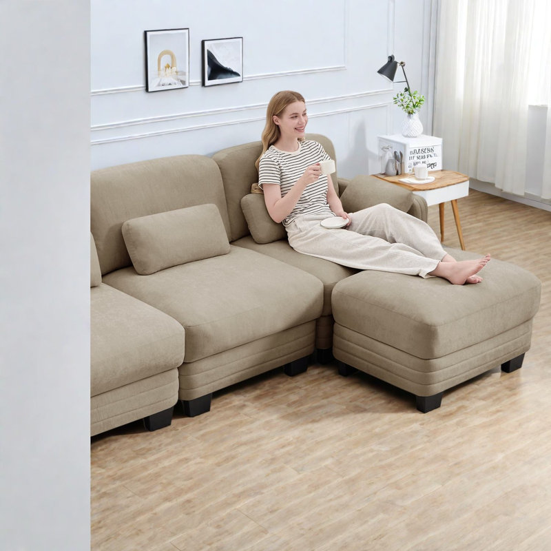 Canapé d'angle modulaire à compression, canapé en chenille camel avec pouf, intérieur moderne