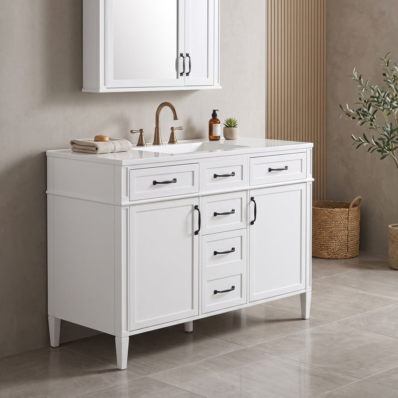 Meuble-lavabo de salle de bain avec comptoir en composite, 4 tiroirs, 2 portes à fermeture douce et tablettes réglables
