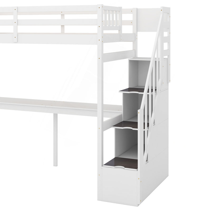 Lit mezzanine simple avec escalier de rangement et bureau intégré, blanc