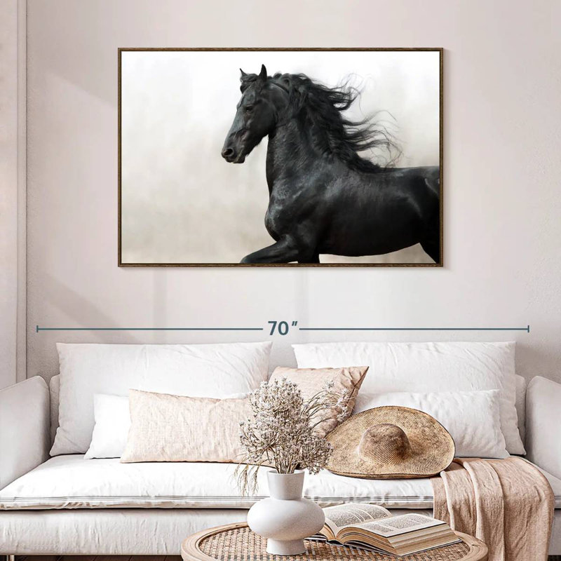 Cheval frison noir, 46 po x 31 po, Cadre flottant noyer