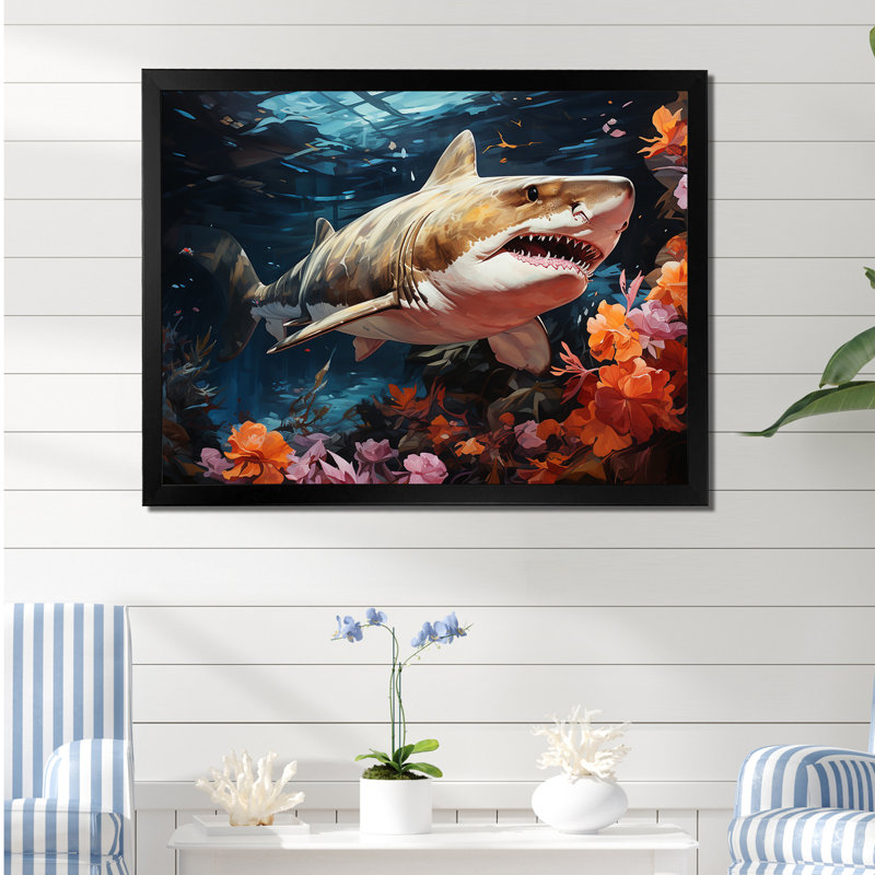 " Silent Hunter Sharks Portrait II ", 12" H x 20" W x 1" D, Black Single Picture Framed