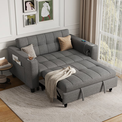Clayton 53.8'' Upholstered Convertible Sleeper Sofa with USB Charging & Cup Holder