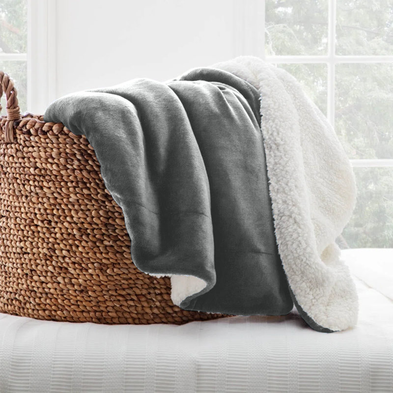 Reversible Soft Sherpa Fleece Fur Thick Dual Sided Blanket Throw, 230cm x 270cm, Silver