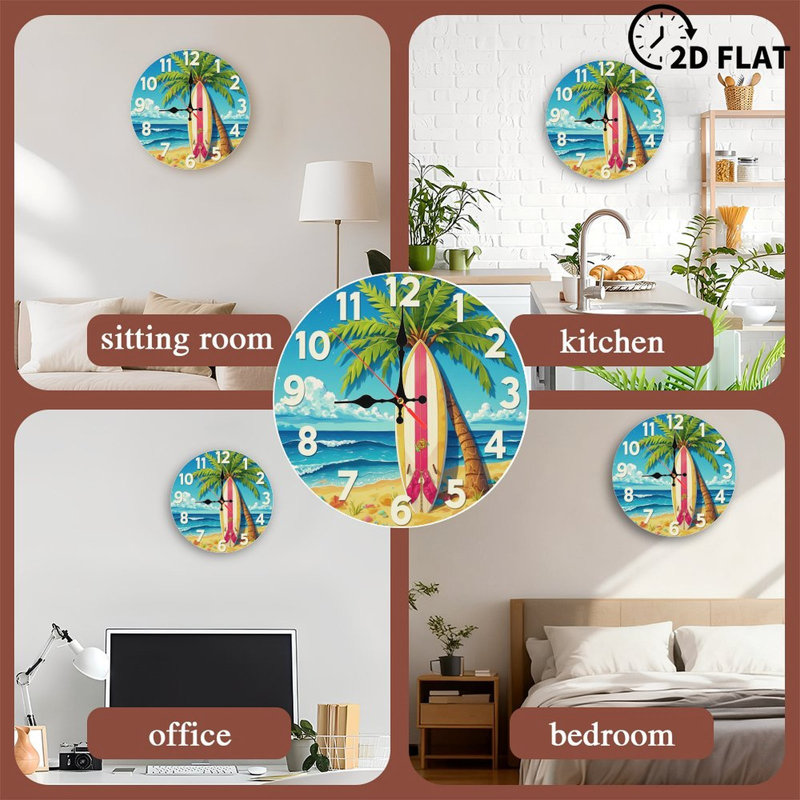 Horloge avec planche de plage et palmier