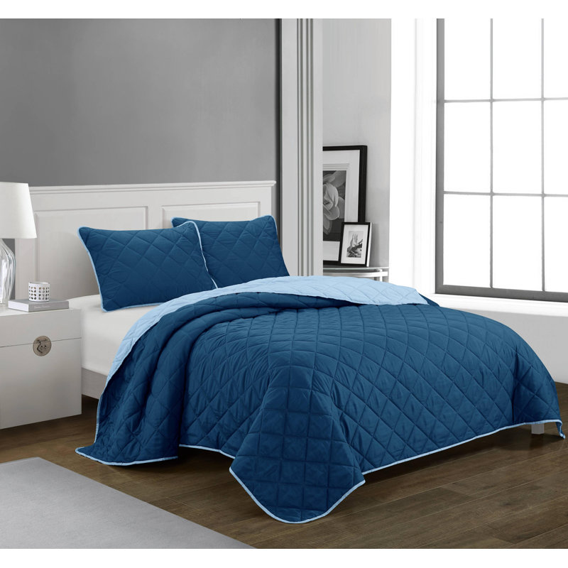 3pc Quilts Modern & Contemporary Polyester Quilt, Queen Quilt + 2 Shams , Blue