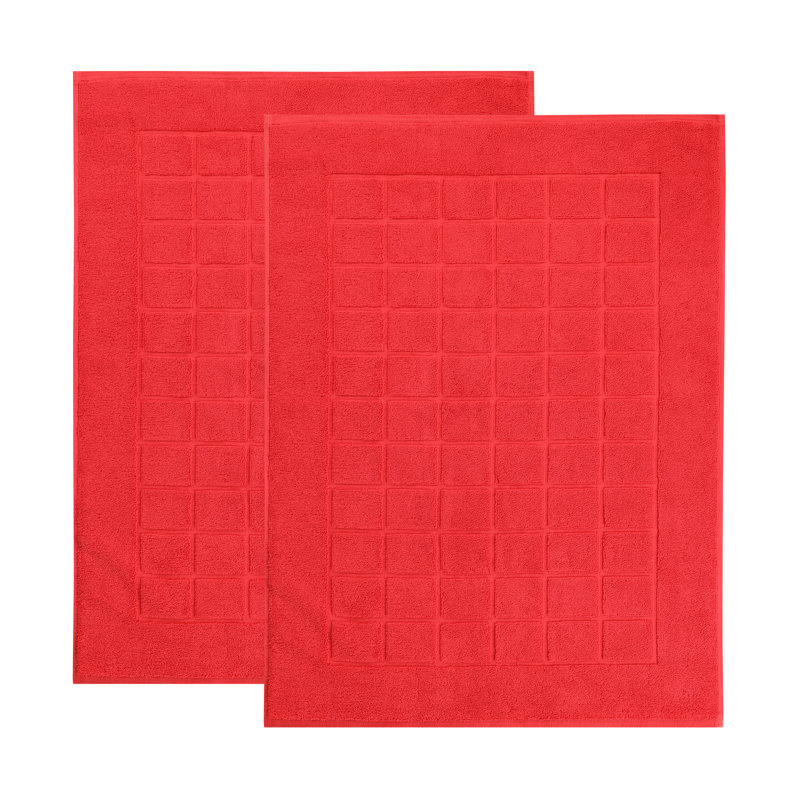Nora Cotton Terry Solid Absorbent Thick Checkered Washable Bath Mat Set Of 2, Red