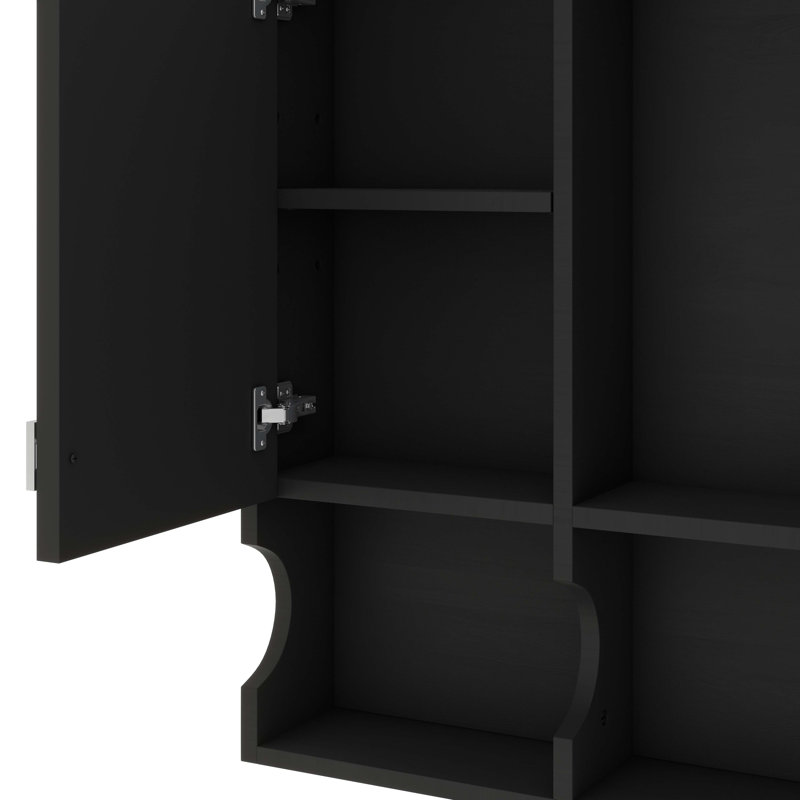 Armoire de rangement murale de salle de bain 30 ", porte miroir, tablettes ouvertes et tablette réglable, Noir