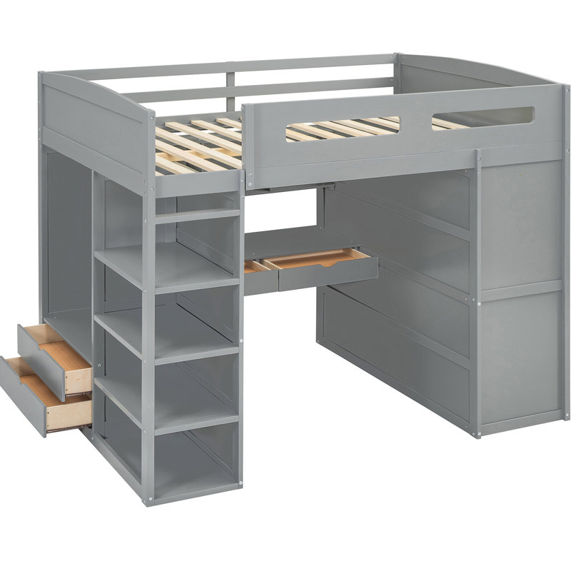 Lit mezzanine double gris avec bureau intégré, 4 tiroirs, tablettes et armoires - Centre de chambre moderne avec tablettes, tiroirs Flame