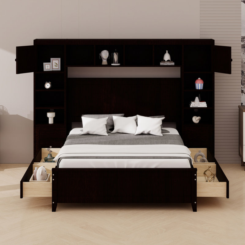 Lit en bois avec armoire et tablette tout-en-un, Espresso