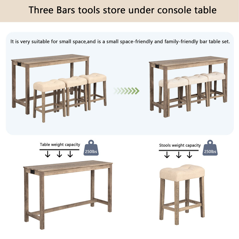 Ensemble de table de bar 4 pièces avec prise de courant, ensemble de table de bar et de chaises, ensemble de table de bar avec 3 tabourets rembourrés pour le salon, la salle à manger et la salle de jeux
