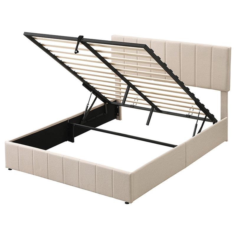 Grand lit rembourré avec housse beige et plateforme de rangement hydraulique pour dessous, Beige, Grand lit