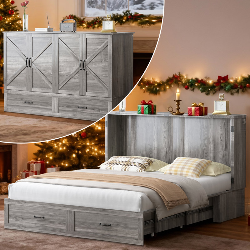 Murphy Bed Queen Cabinet Bed with Charging Station & Storage Drawers, Gray, Gray