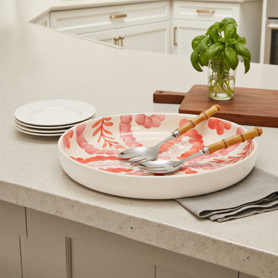 Hand-Painted Stoneware Low Bowl with Botanical Design