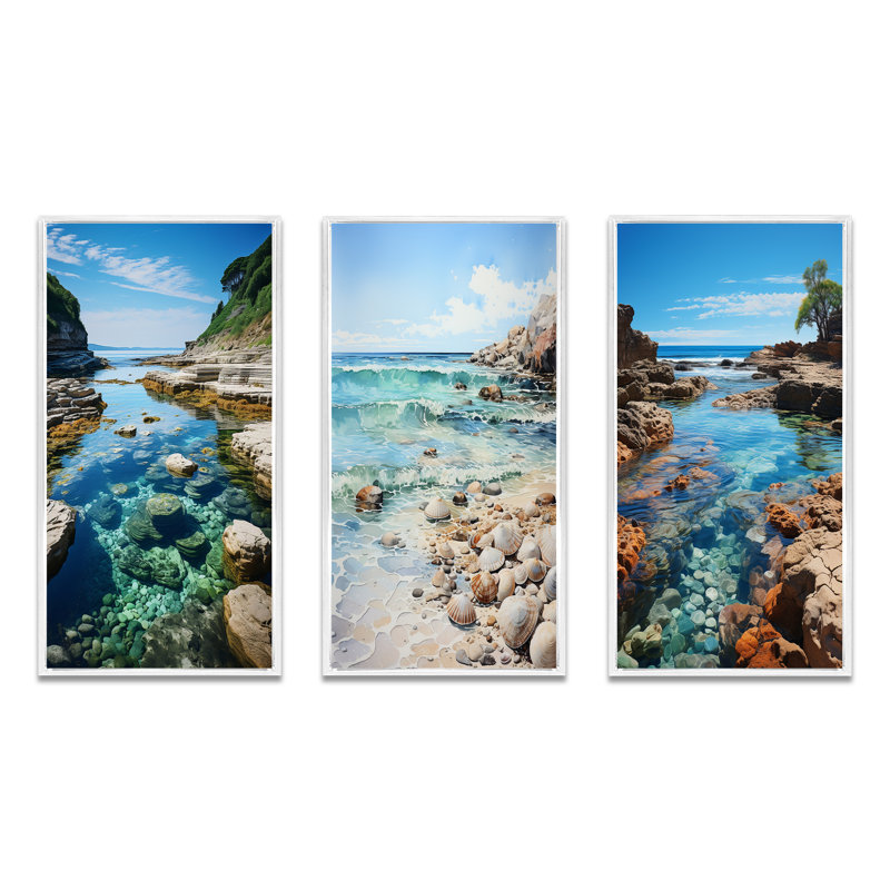 «Beach Photo Tranquil Tidepools», 3 pièces, Cadre blanc, H 20 po x l 36 po