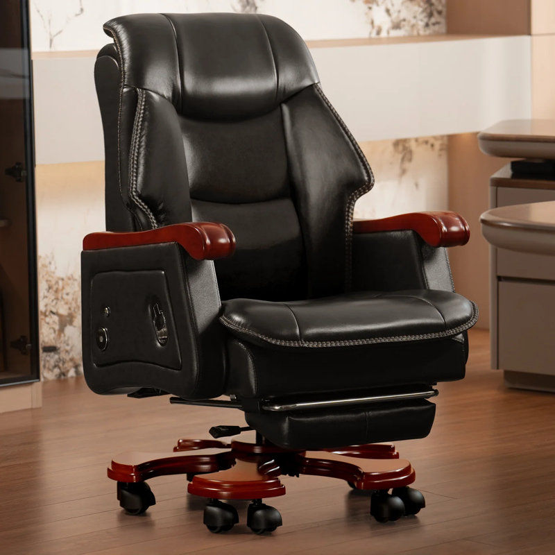 Fauteuil de direction Kinnls Jones avec ventilation par massage et chauffage, fauteuil de direction de luxe en cuir véritable, grand et grand fauteuil inclinable avec repose-pieds (noir)
