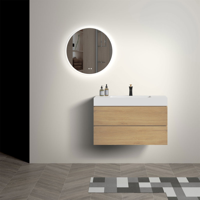 Meuble-lavabo flottant mural 36 po avec lavabo, Chêne