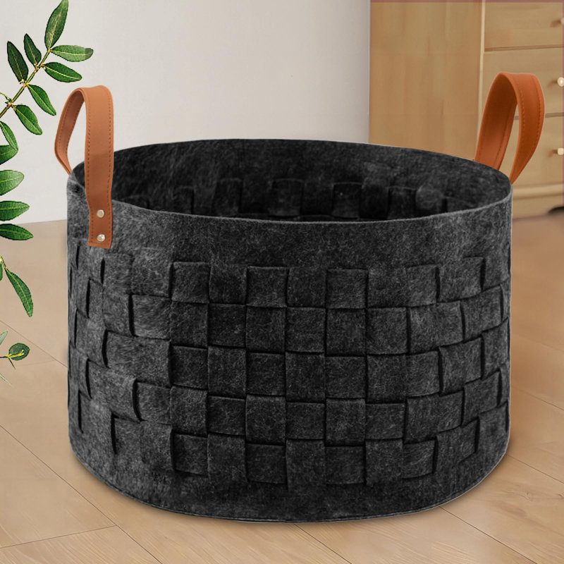 Panier à linge 20 po x 20 po x 11,8 po, grand panier à couverture rond avec poignée en cuir, panier de rangement en feutre pour salon, chambre de bébé, jouets pour chiens - gris foncé