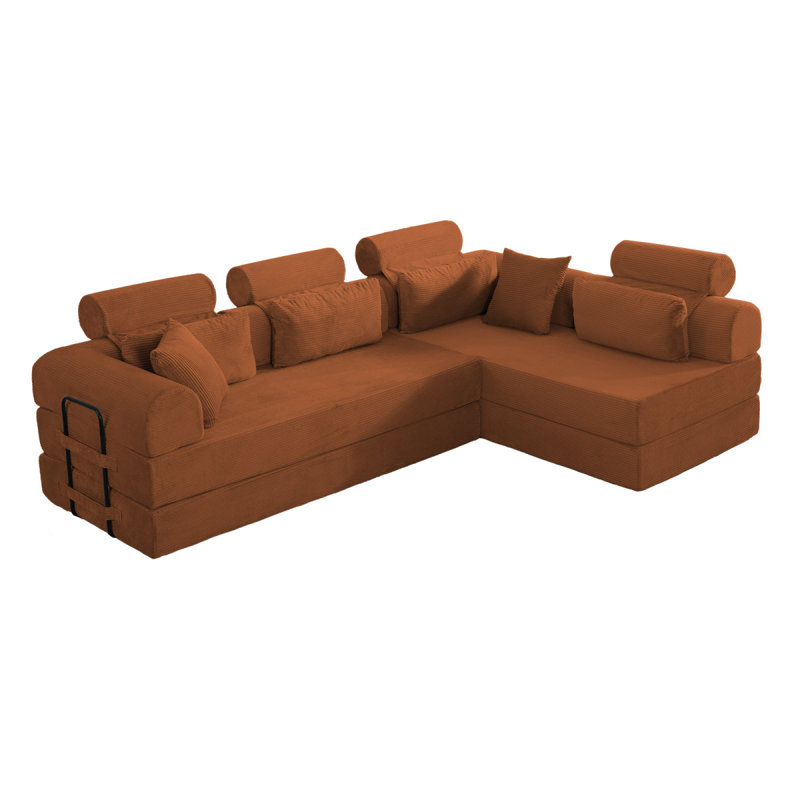 Canapé modulaire en forme de L, canapé modulaire compressé en velours côtelé de style minimaliste moderne, se déplie en un lit, une chambre à coucher, un canapé compressé confortable et écoénergétique (orange)