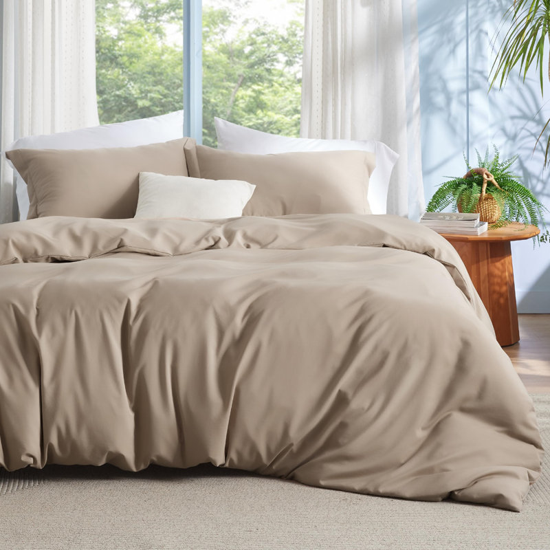 Bedsure Polyester & Rayon Derived From Bamboo Cooling Duvet Cover Set, Khaki, Full Duvet Cover + 2 Standard Pillow Sham