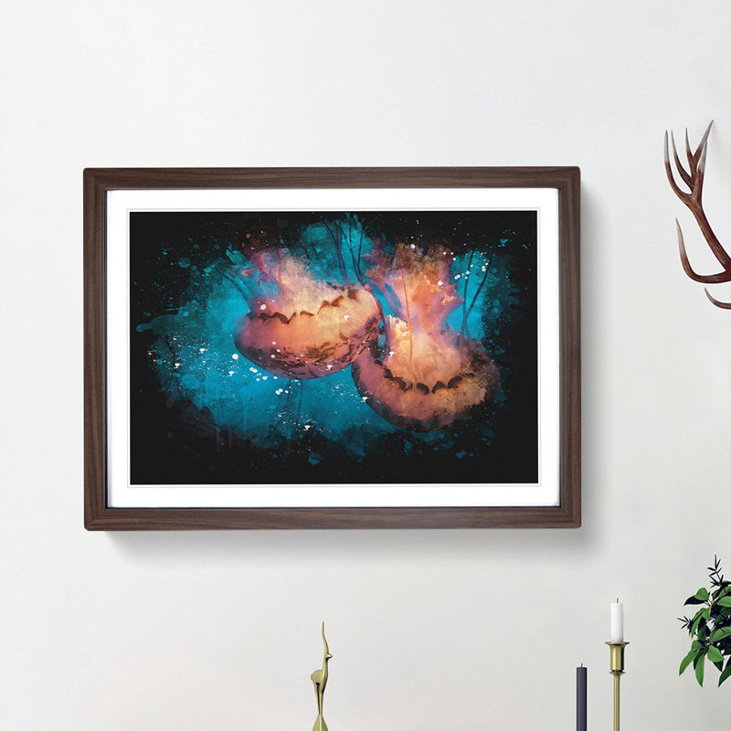 Pink Jellyfish Abstract - Picture Frame Graphic Art Print, 24cm H x 33cm W x 2cm D, Walnut Framed