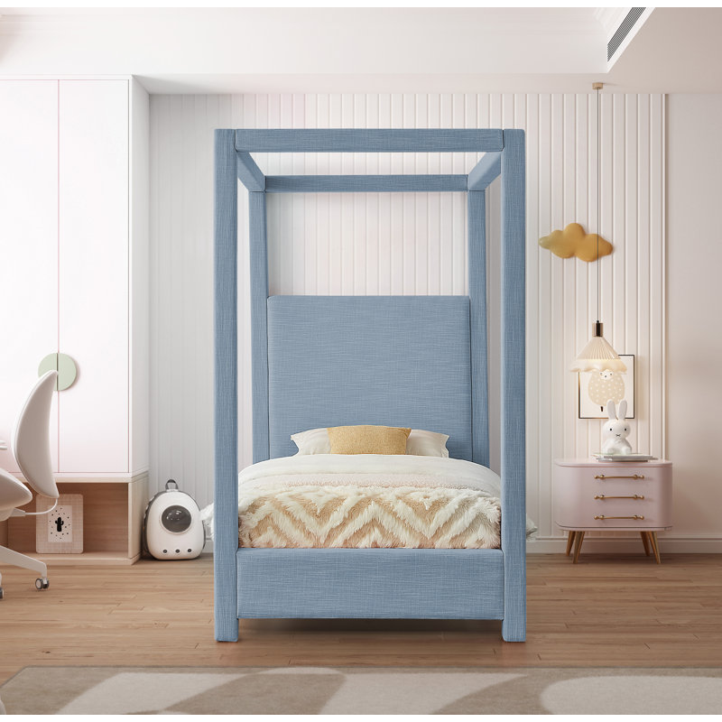 Bois massif Dunwich et plateforme rembourrée, Tissu texturé bleu ciel, Simple