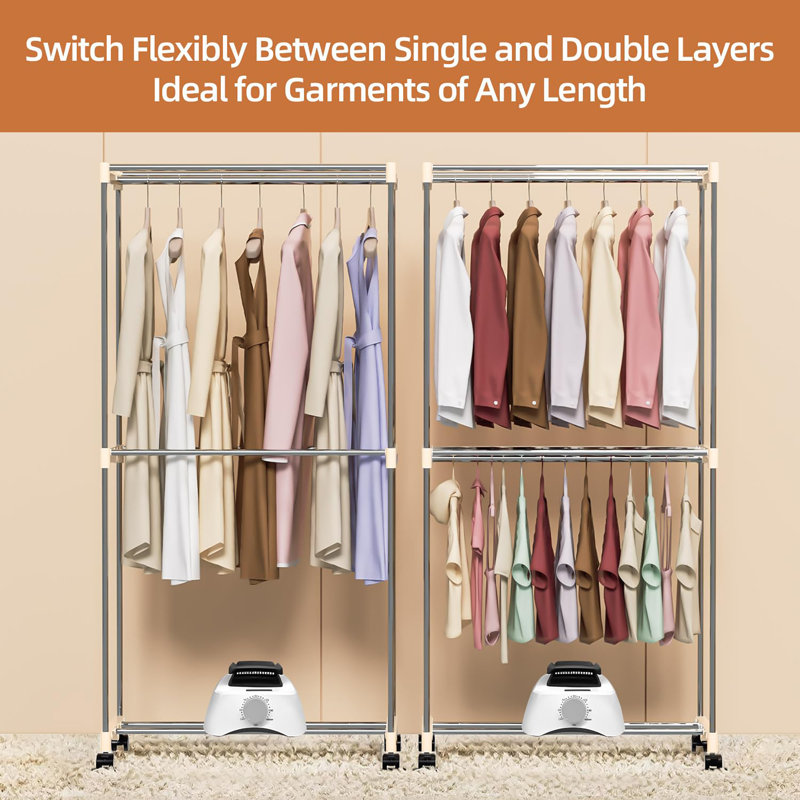 1000W Double-Tier Portable Clothes Dryer, Stainless Steel Mini Dryer for Apartments, Dorms, and RVs with Timer and Fabric Cover