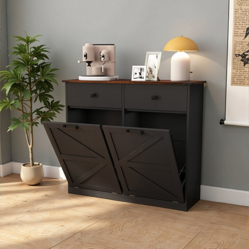 Buffet Farmhouse Trash Can - Rangement à double bac compact avec portes, Noir