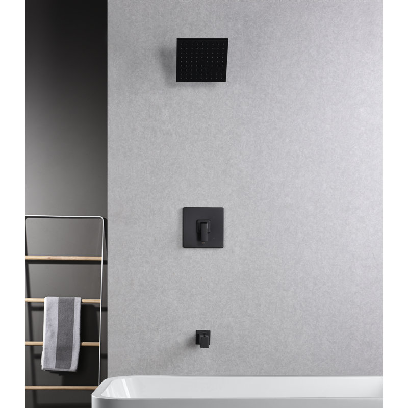 Rift Collection Shower System: 8" Square Rain Shower Head, Tub Spout, & Rough-in Valve Included - Matte Black, Matte Black