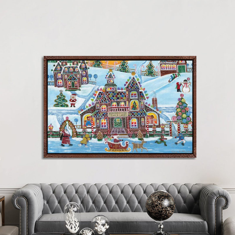 Christmas Gingerbread Inn And Cafe by Cheryl Bartley - Print on Canvas, 152.5 cm H x 101.5 cm W, Classic Brown Wood Framed