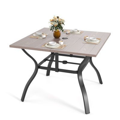 37.8" Square Patio Table For 4, Metal Outdoor Dining Table With Umbrella Hole,Brown