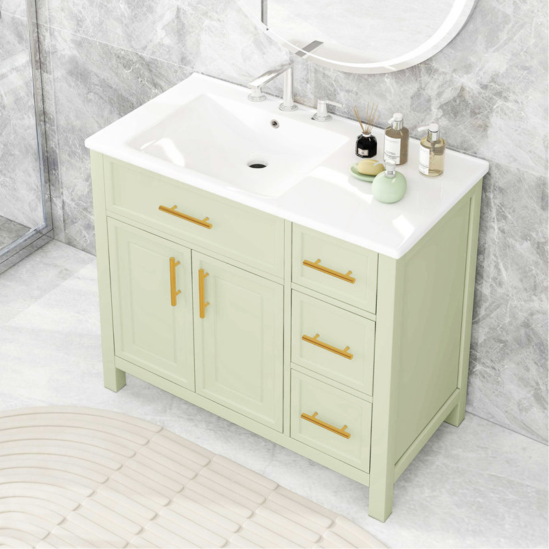 36" Bathroom Vanity with Sink Top, Bathroom Vanity Cabinet with Two Doors and Three Drawers, Solid Wood , MDF Boards ,One Package, White-green