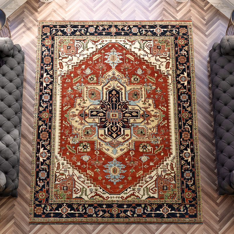 High-Quality Hand-Knotted Red And Blue Area Rug, Rectangle 10' x 14'
