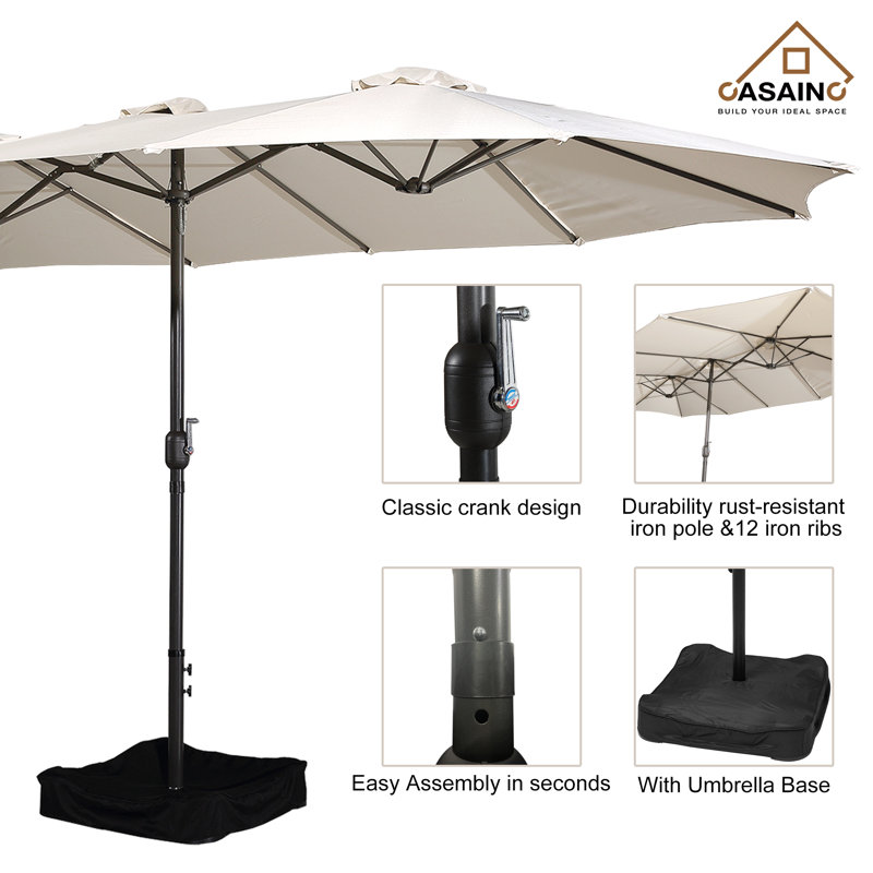 Beige 15-ft Steel Double-Sided Patio Umbrella with Base