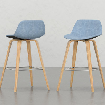 2 Stools - Sleek Design, Blue Denim Upholstery, Legs With Footrest Counter Height 2 Retro Inspired Style, Foam Padding,