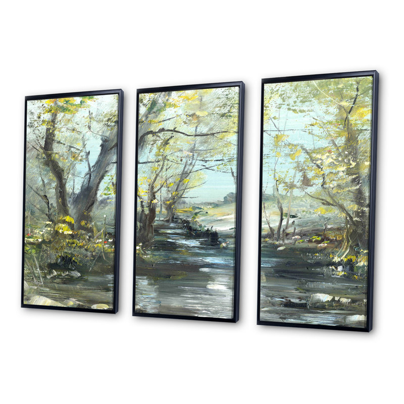 Ruisseau - ensemble d'art mural sur toile encadré paysage de 3, H 32 po x l 48 po x P 1 po, Cadre noir