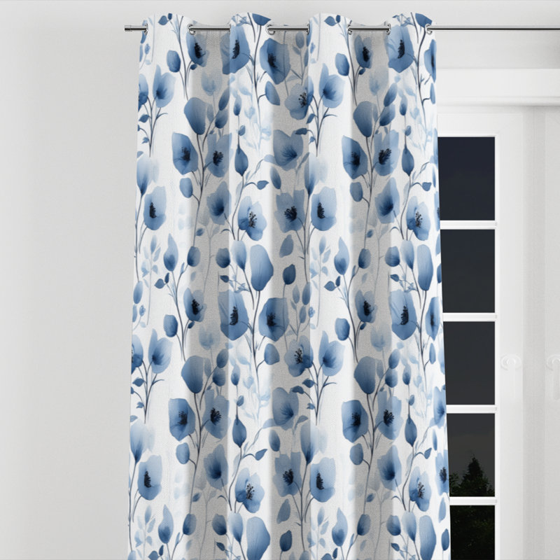 Rideaux en velours floral - 1 panneau bleu, L 52 po x L 63 po, Œillets argentés