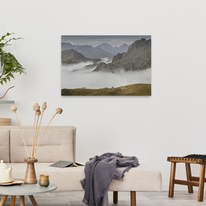 Wild Horses Mountain Fog Dramatic Peaceful Serene Horse Landscape Mountain Wall Art Print 1 Piece Wrapped Canvas Wall Art