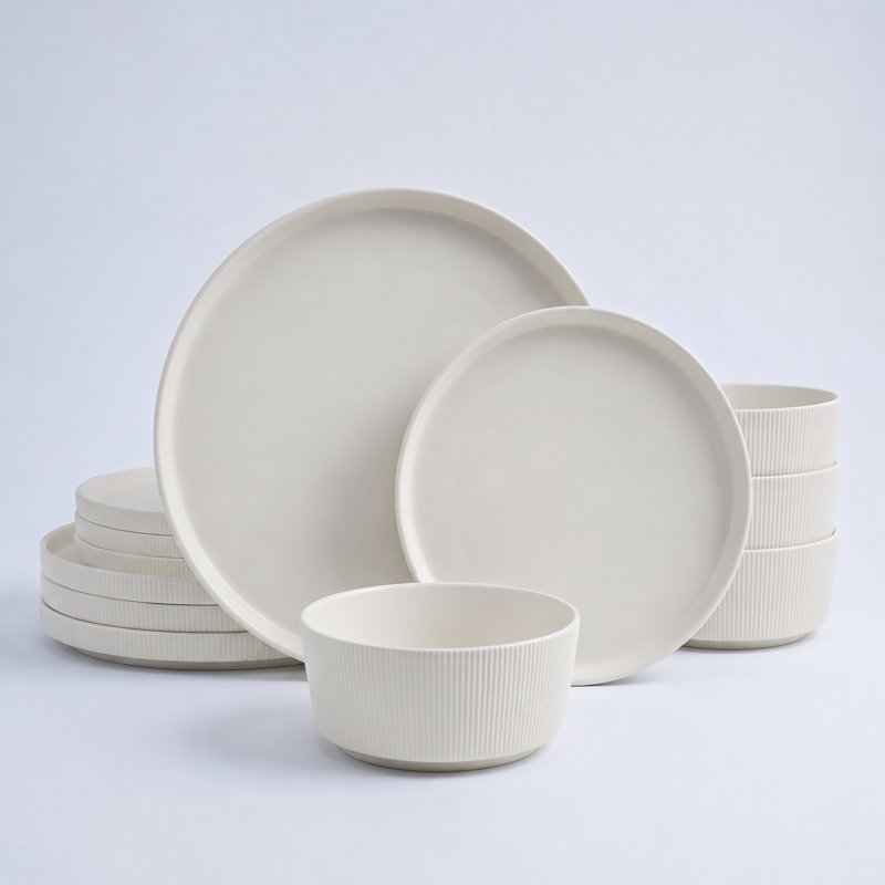 Adelle Ribbed 12-Piece Stoneware Dinnerware Set, Modern Textured Plates and Bowls Set for 4, Microwave & Dishwasher Safe