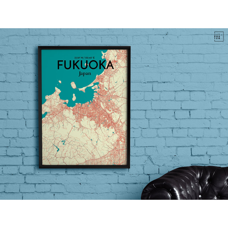 « fukuoka city map », reproduction d’impression sur affiche en couleur, H 17 po x l 11 po