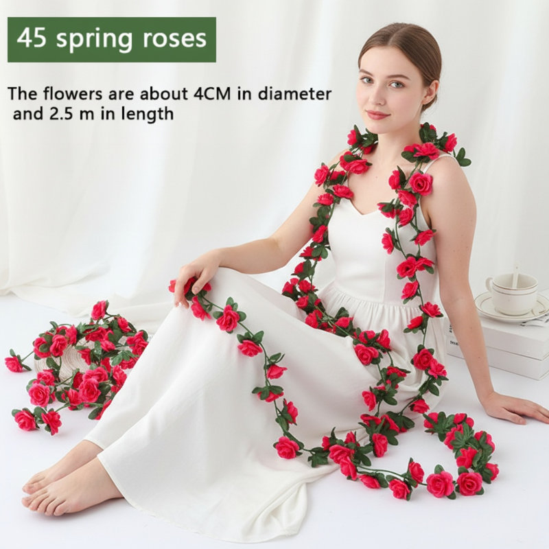 2 Pack 45heads Artificial Flowers String Vine Rose Diy Wedding Decoration Fake Flower Home Room Decor Party Wall Hanging Garland Plants 250cm/98.42inch, Rose Red