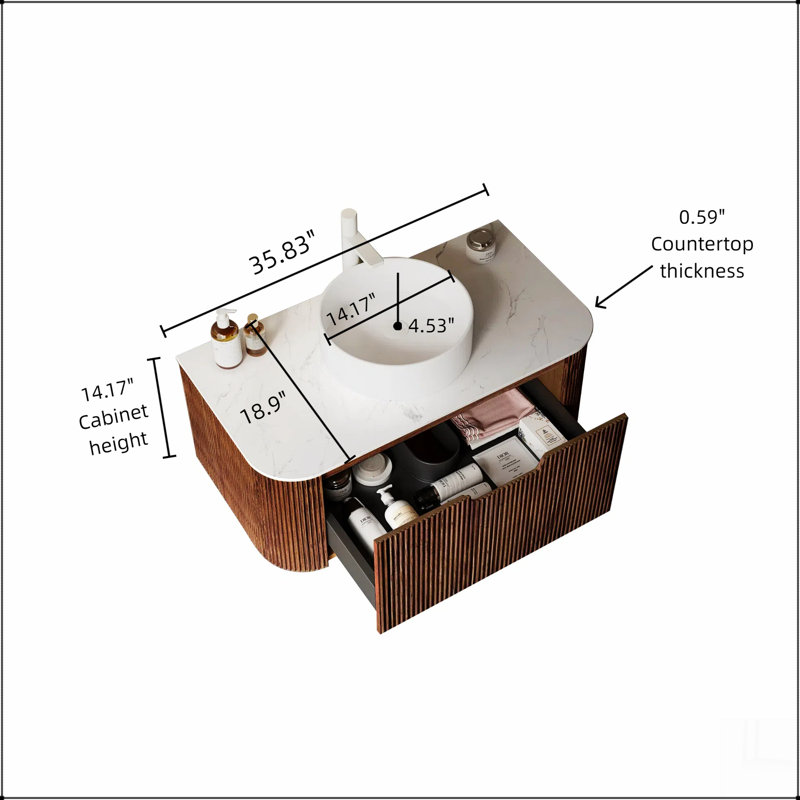 Meuble-lavabo de salle de bain avec lavabo, armoire de rangement de salle de bain moderne à bords arrondis et courbes avec tiroir, lavabo en céramique blanc rond sans robinet, pré-assemblé, noyer foncé