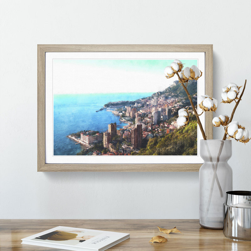 Skyline Of Monte Carlo In Monaco - Single Picture Frame Painting on MDF, Oak Framed, 33cm H x 45cm W x 2cm D