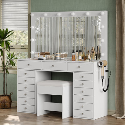 Vanity Desk with Power Outlet, Makeup Vanity with Mirror and 12 LED Lights, 3 Lighting Modes,15 Drawers Vanity Table with Chair, Dressing Table with G