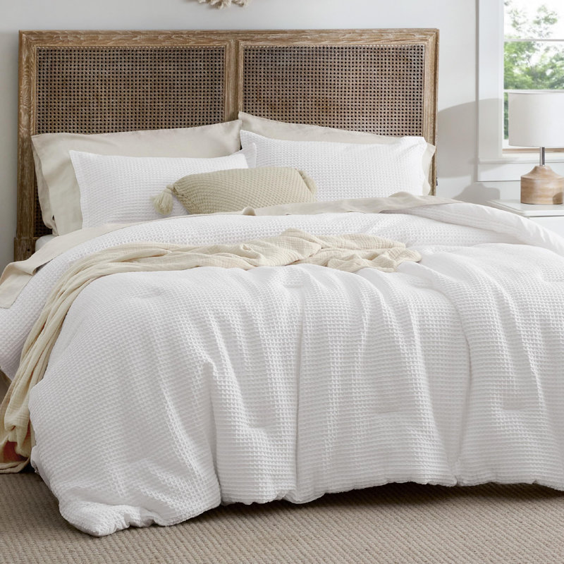 Bedsure 100% Cotton Waffle Comforter Set, California King Comforter + 2 King Shams, Snow White