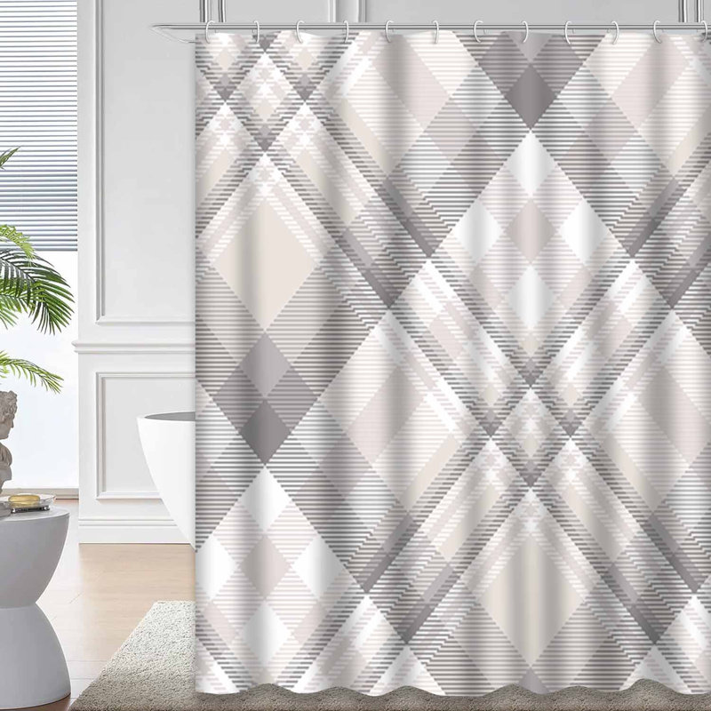 Rideau de douche à carreaux gris, taupe, beige et blanc avec 12 crochets, L 72 po x l 72 po