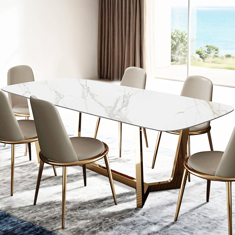Rectangular Dining Table With Metal Trestle Legs, Gold
