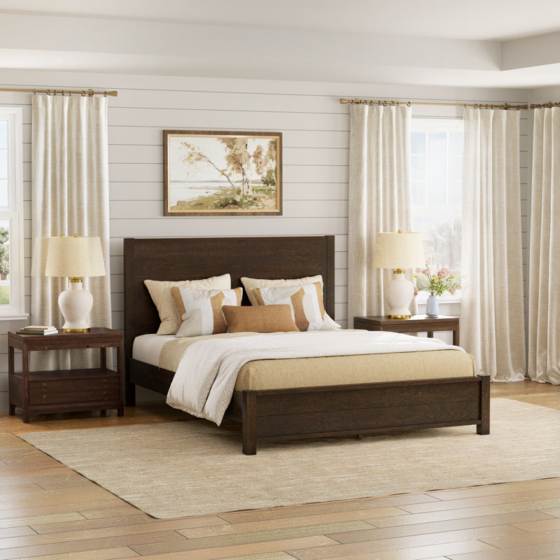 Echo Farmhouse Solid Wood Platform Bed, Distressed Panel Bed Frame, Rustic Country Cottage Style, Dark Walnut, Queen
