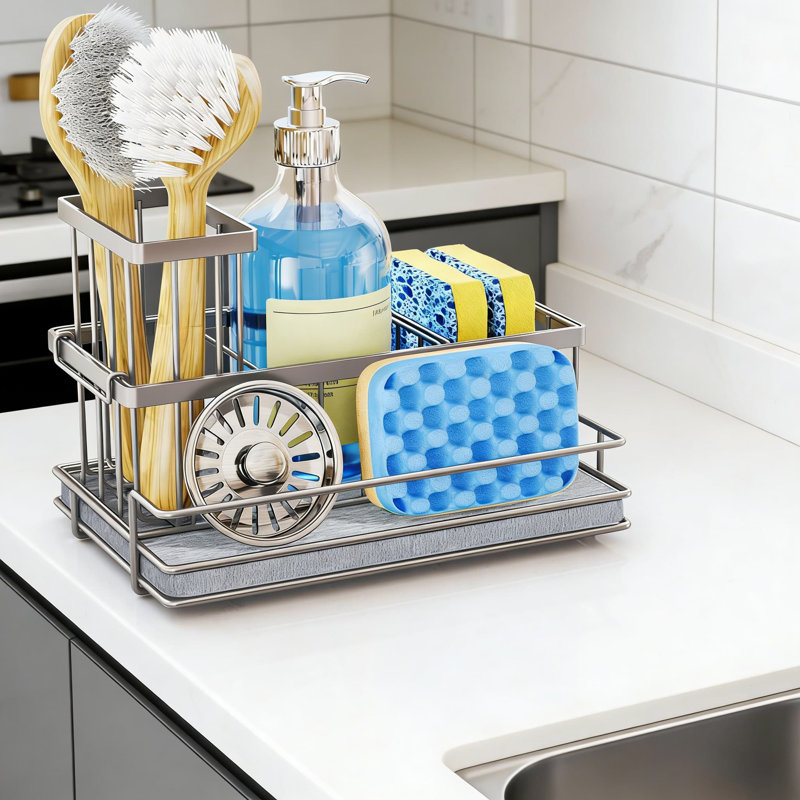 Organisateur de chariot d'évier en acier inoxydable avec tapis de séchage instantané et porte-brosse amovible - Support à éponge de cuisine à 3 compartiments pour le rangement sur le comptoir