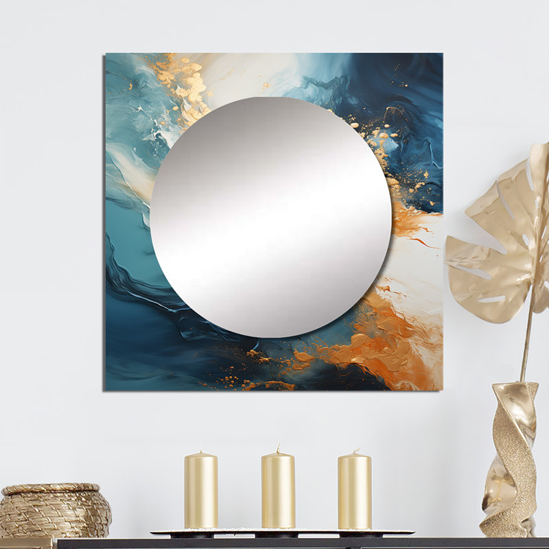 Brenli - grand miroir carré moderne bord de mer bleu et doré, 23 po x 23 po